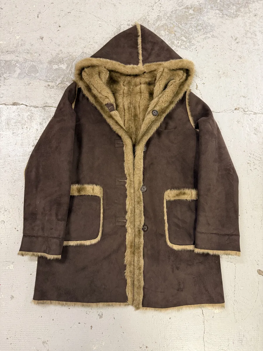Balmain Beige Faux Fur & Brown Leather Reversible Hooded Coat - Image 2