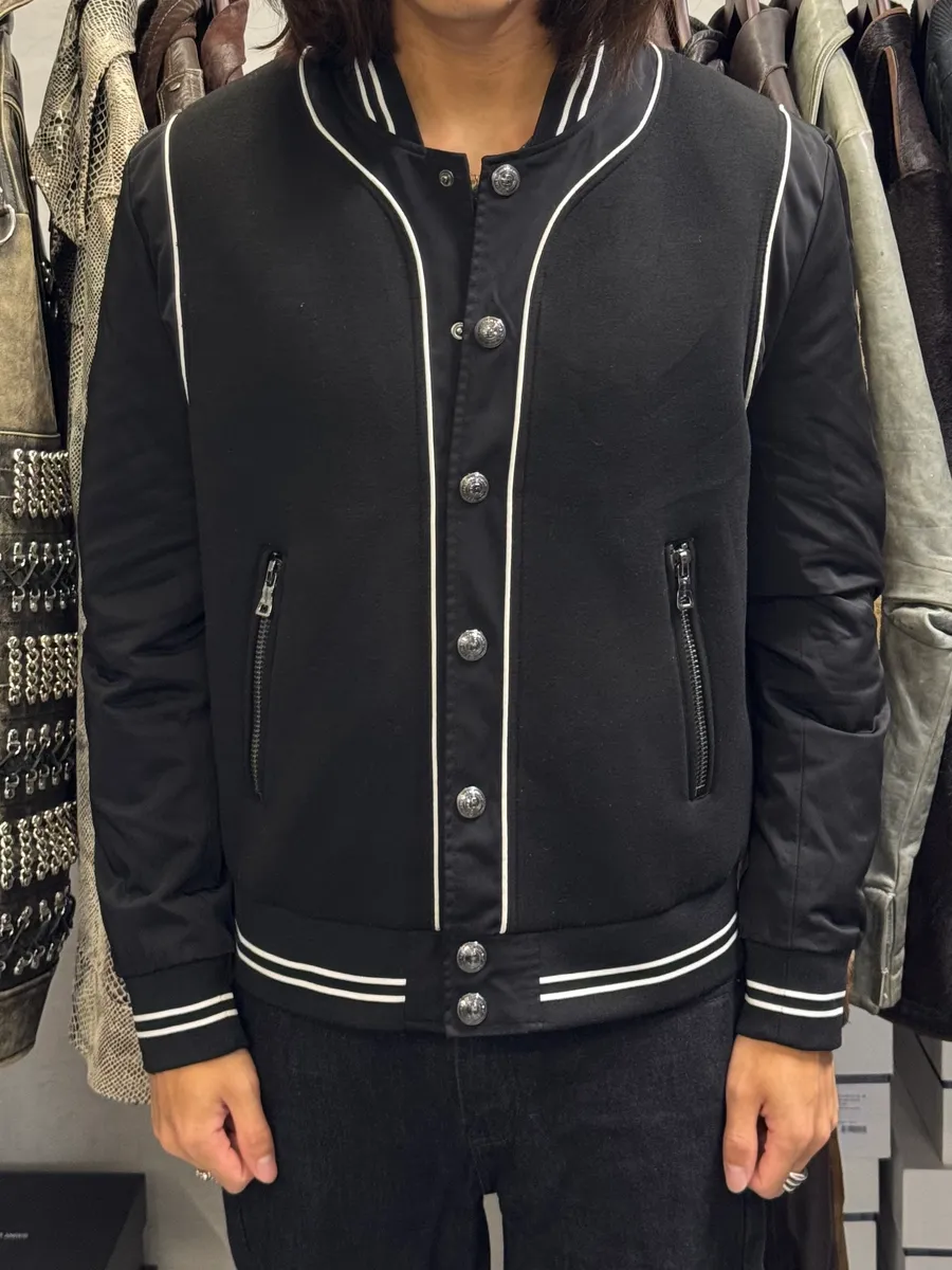 Balmain Black Buttoned White Lined Varsity Jacket - Image 2