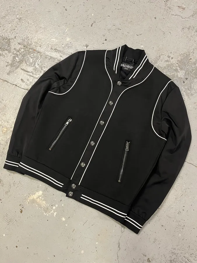 Balmain Black Buttoned White Lined Varsity Jacket - Image 4