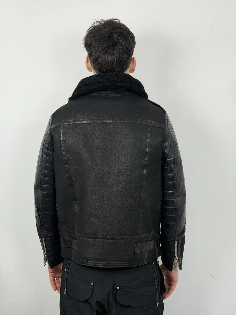 Balmain Black Crocodile Leather Aviator Shearling Jacket - Image 6