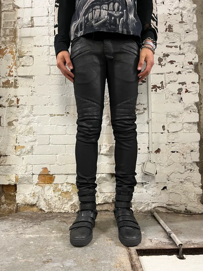 Balmain Black Waxed Biker Jeans - Image 2