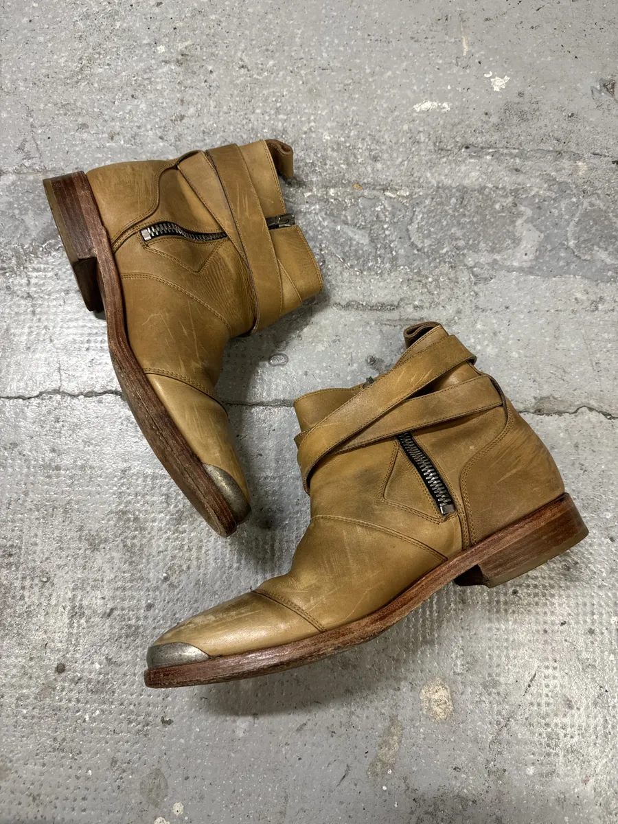 Balmain Camel Avant-Garde Buckle Leather Biker Shoes - Image 4