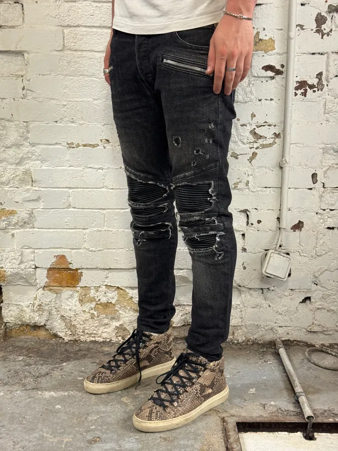 Balmain Distressed Biker Faded Black Slim Jeans - Image 3