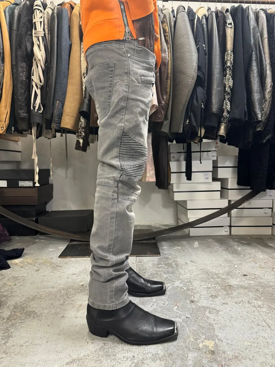 Balmain Grey Biker Denim Slim Jeans - Image 4