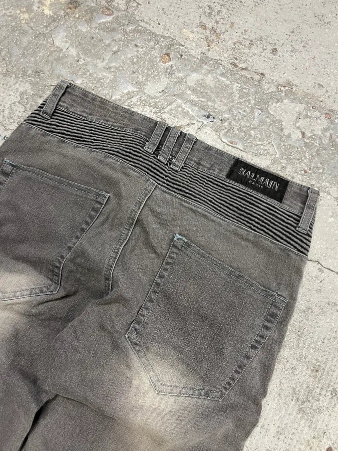 Balmain Grey Biker Denim Slim Jeans - Image 8