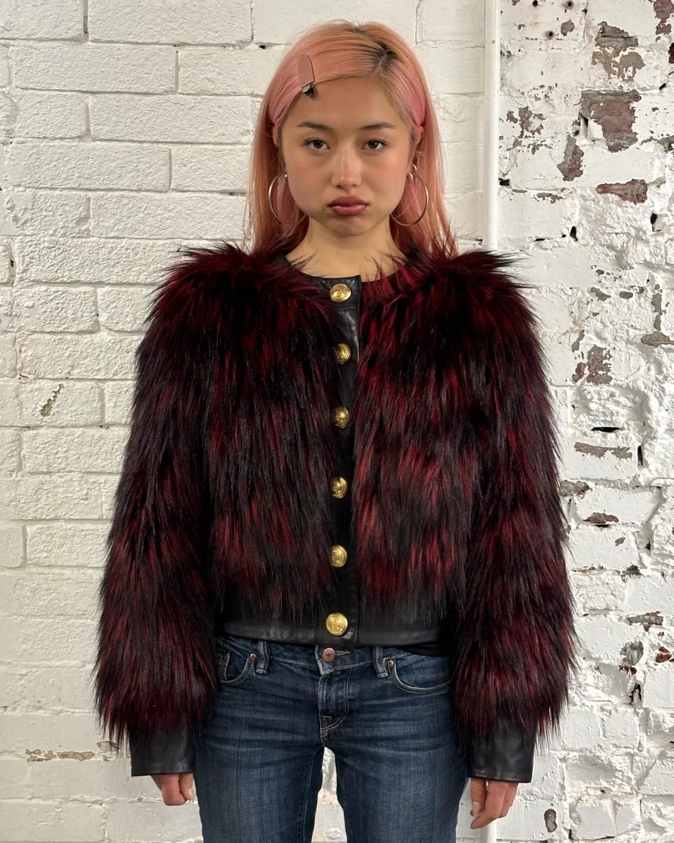 Balmain H&M Bordeaux & Black Faux Fur Gold Button Jacket - Image 2