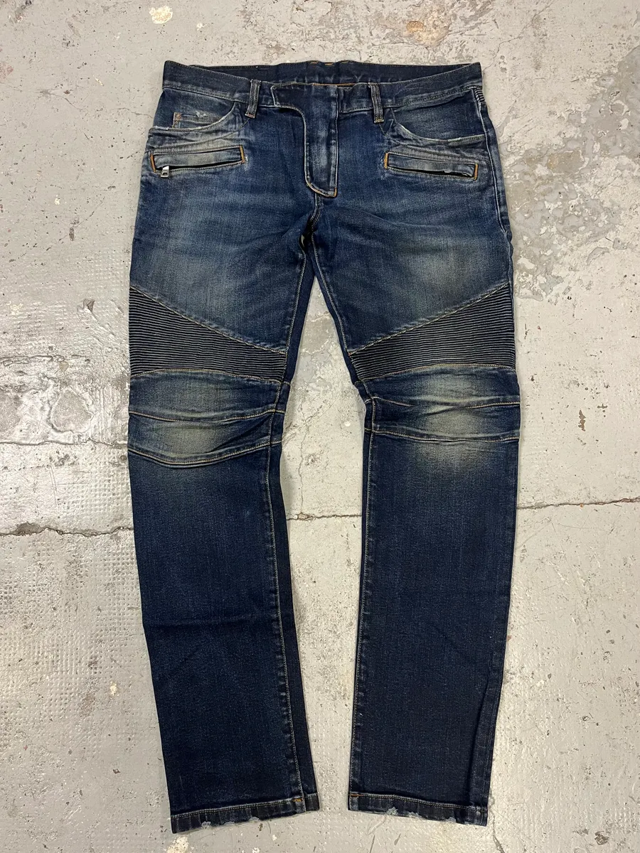 Balmain Navy Brut Biker Slim Denim Jeans