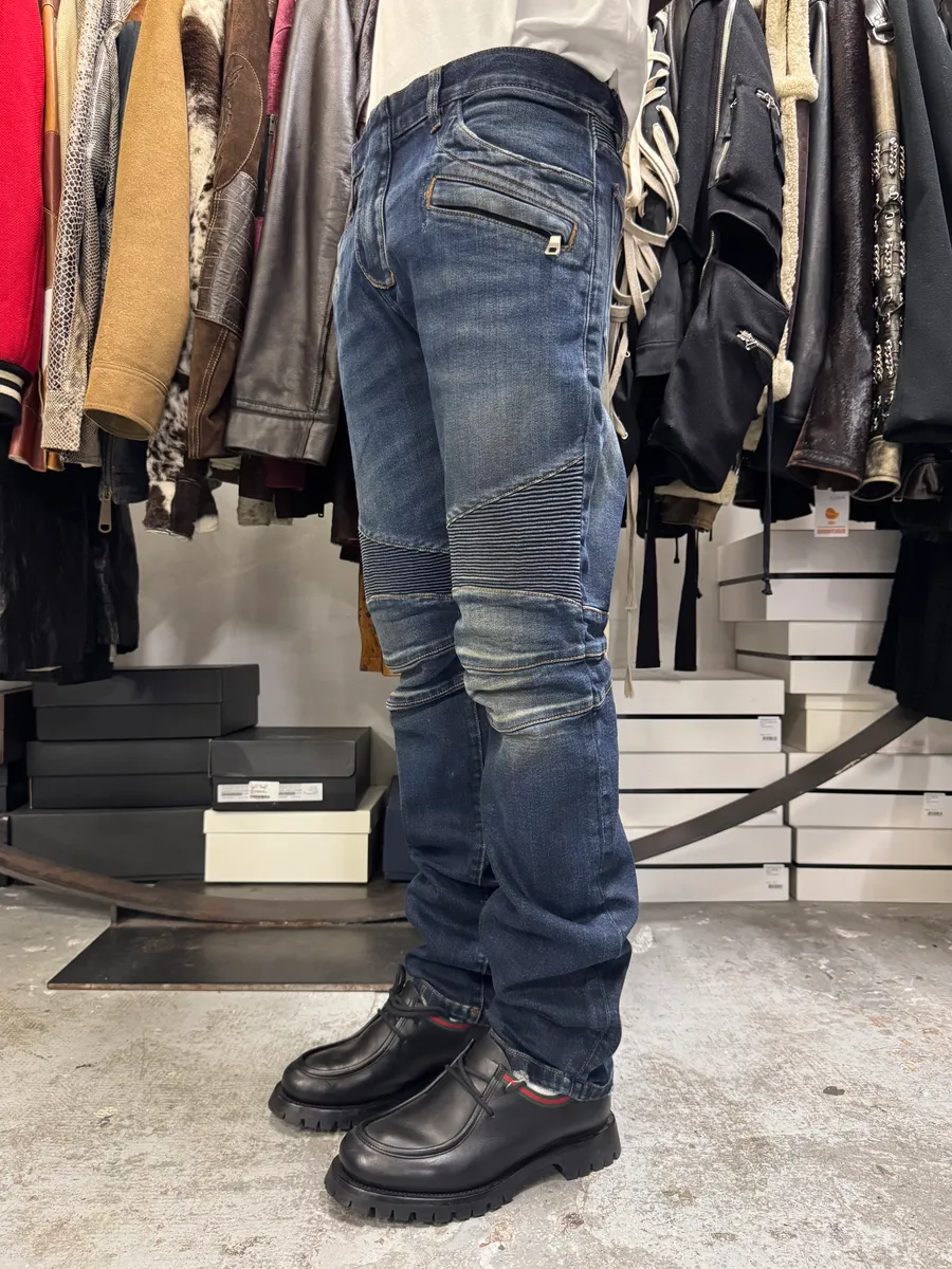 Balmain Navy Brut Biker Slim Denim Jeans - Image 3