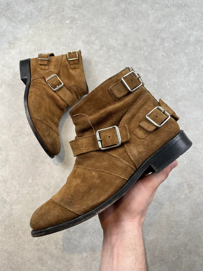 Balmain x H&M Camel Suede Buckle Strap Boots
