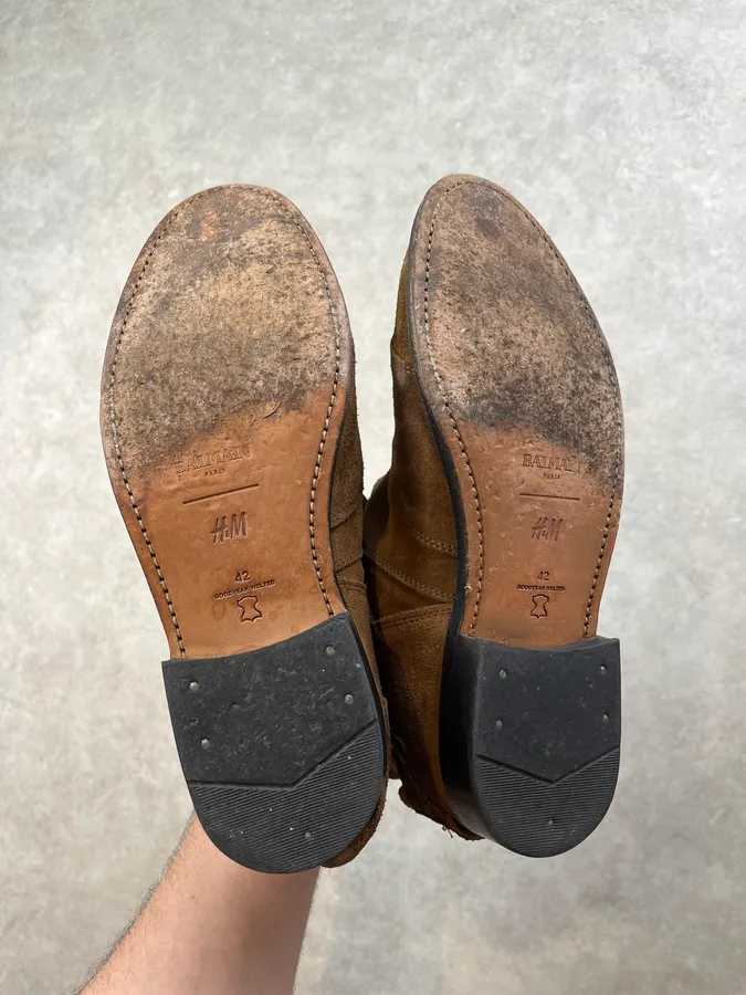 Balmain x H&M Camel Suede Buckle Strap Boots - Image 6