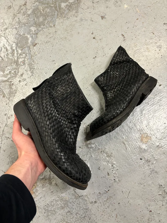 Bikkembergs Black Woven Leather Interlocking Ankle Boot