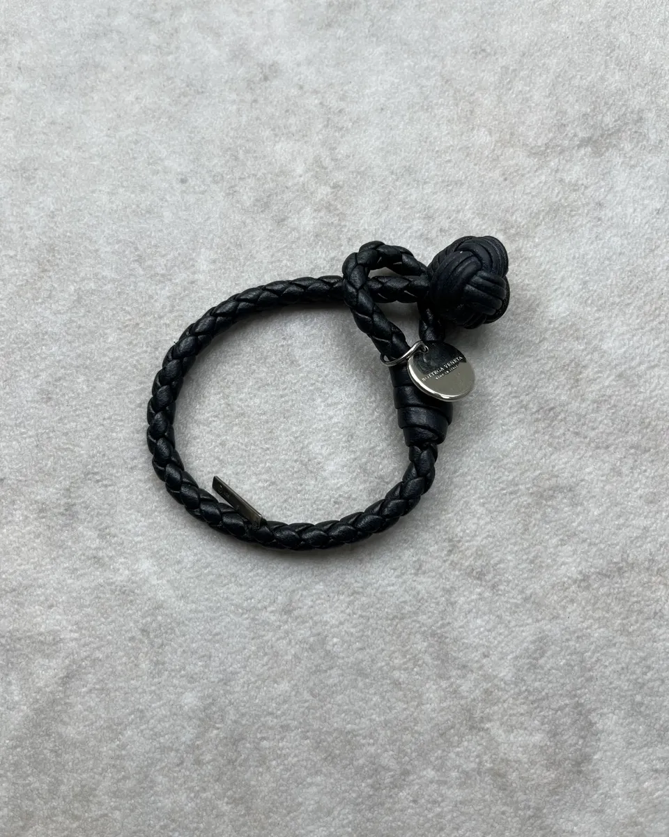 Bottega Veneta Black Leather Woven Bracelet