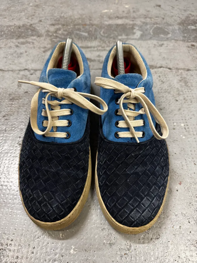Bottega Veneta Blue Intrecciato Contrast Suede Low Sneakers - Image 4