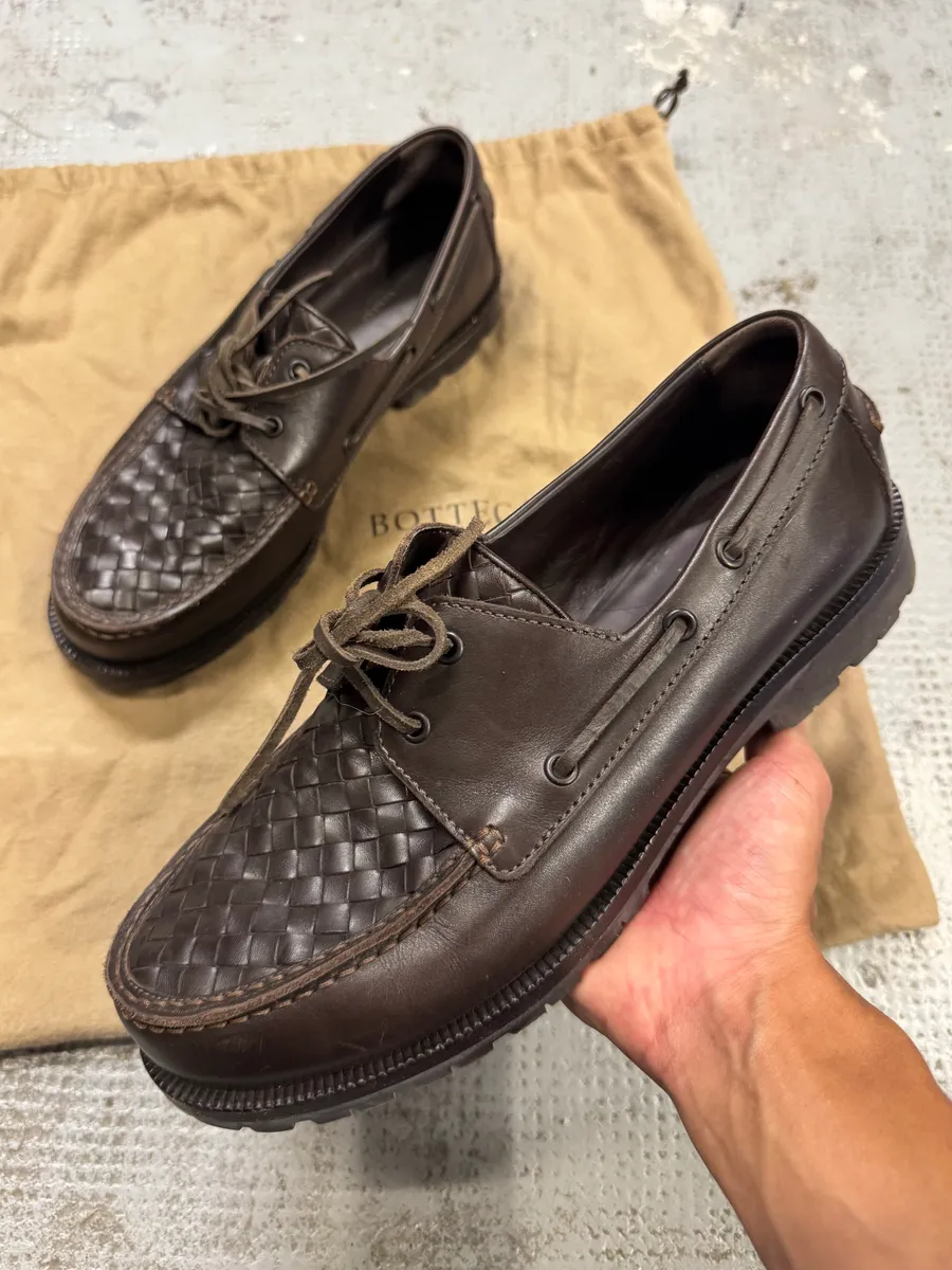 Bottega Veneta Brown Woven Leather Boat Loafers
