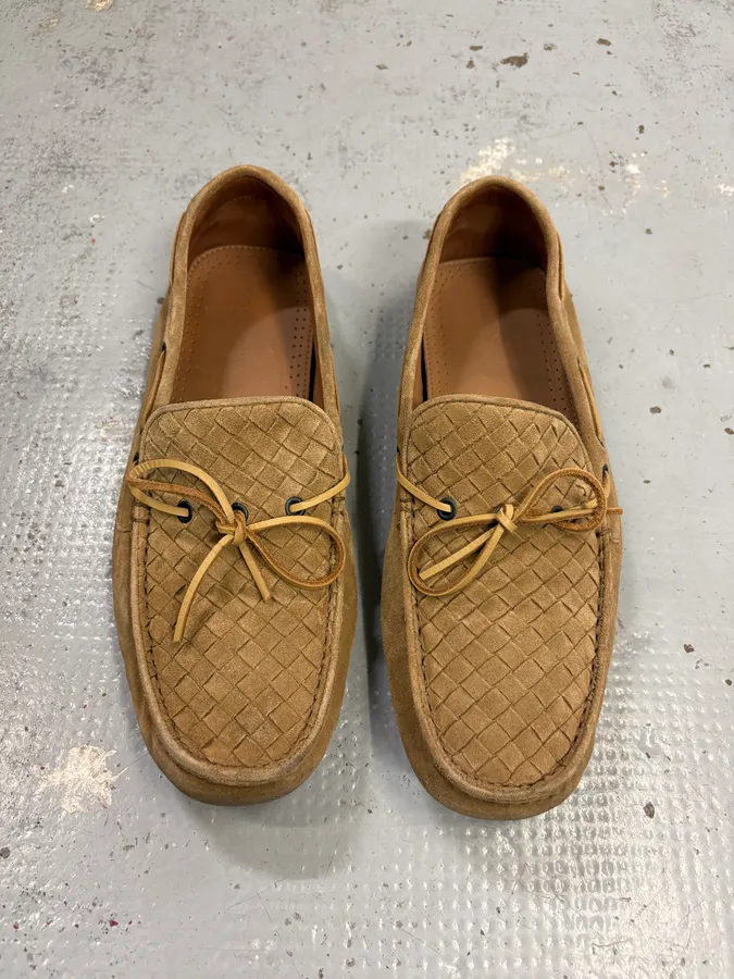 Bottega Veneta Camel Suede Intrecciato Woven Loafers Shoes - Image 3