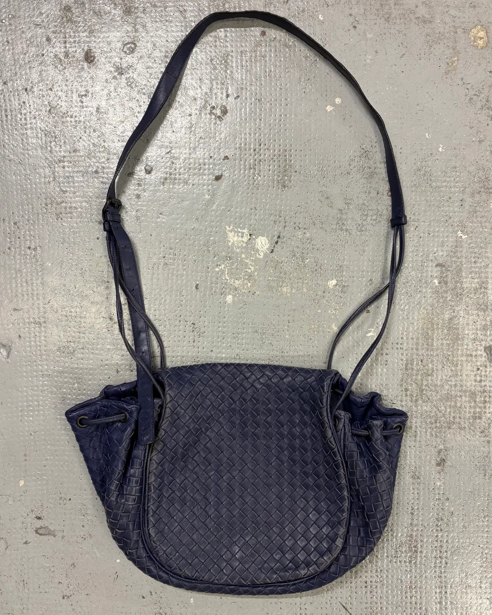 Bottega Veneta Navy Leather Intrecciato Woven Shoulder Bag