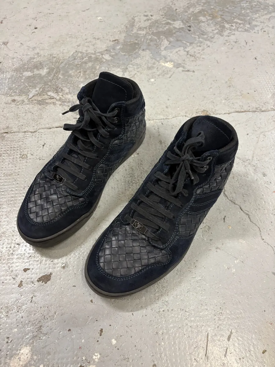 Bottega Veneta Navy Woven Leather Sneakers - Image 4