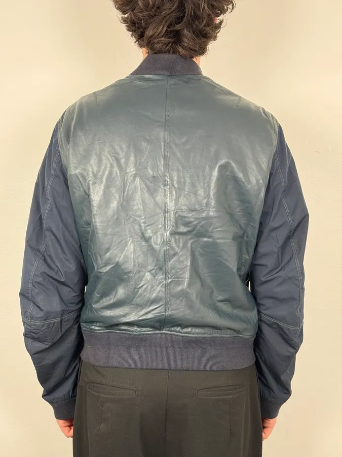Burberry Navy Hybrid Leather & Nylon Bomber Jacket - Image 3