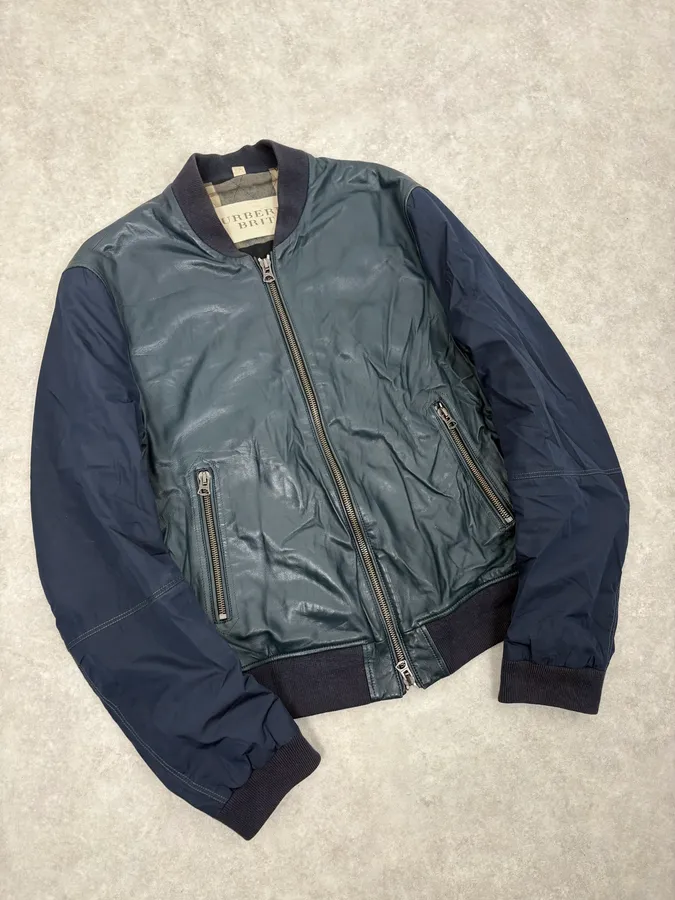 Burberry Navy Hybrid Leather & Nylon Bomber Jacket - Image 4