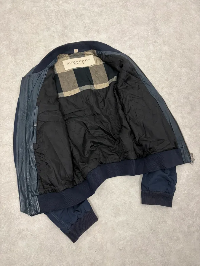 Burberry Navy Hybrid Leather & Nylon Bomber Jacket - Image 7