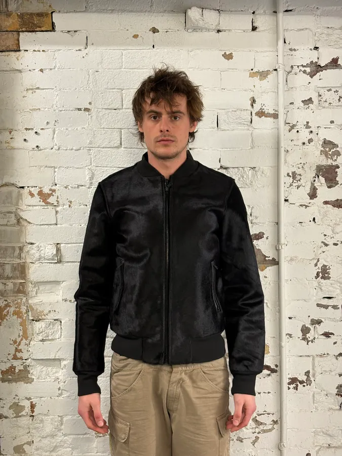 Calvin Klein Black Leather Pony Hair Bomber Jacket - Image 2