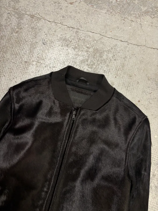 Calvin Klein Black Leather Pony Hair Bomber Jacket - Image 4
