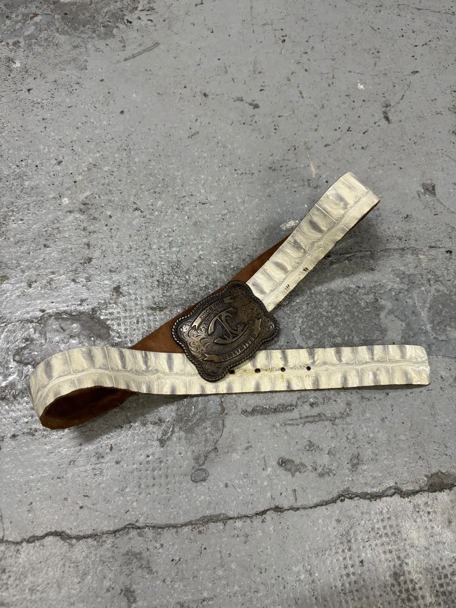 Cavalli White Creamy Crocodile Effect Leather Belt - Image 10