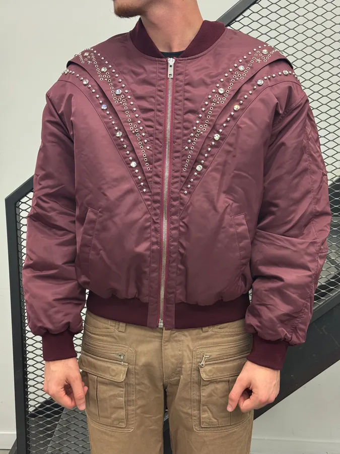 Celine Embroidered Bordeaux Nylon Bomber Jacket - Image 3