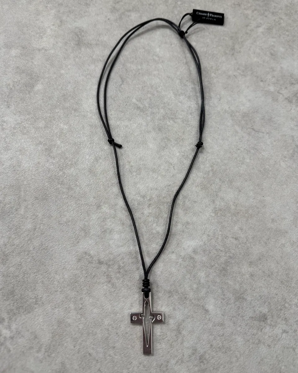 Cesare Paciotti Black Leather Stainless Still Dagger Adjustable Necklace