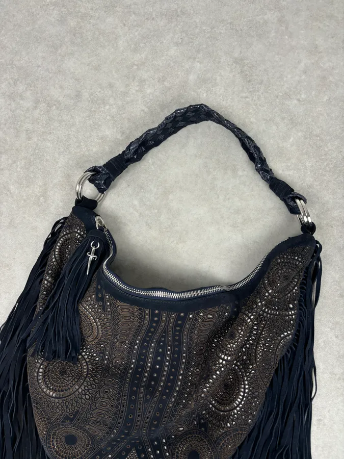 Cesare Paciotti Navy Leather Fringe Shoulder Bag - Image 5