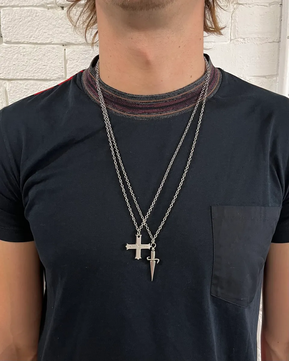 Cesare Paciotti Steel Double Chain Cross & Sword Necklace