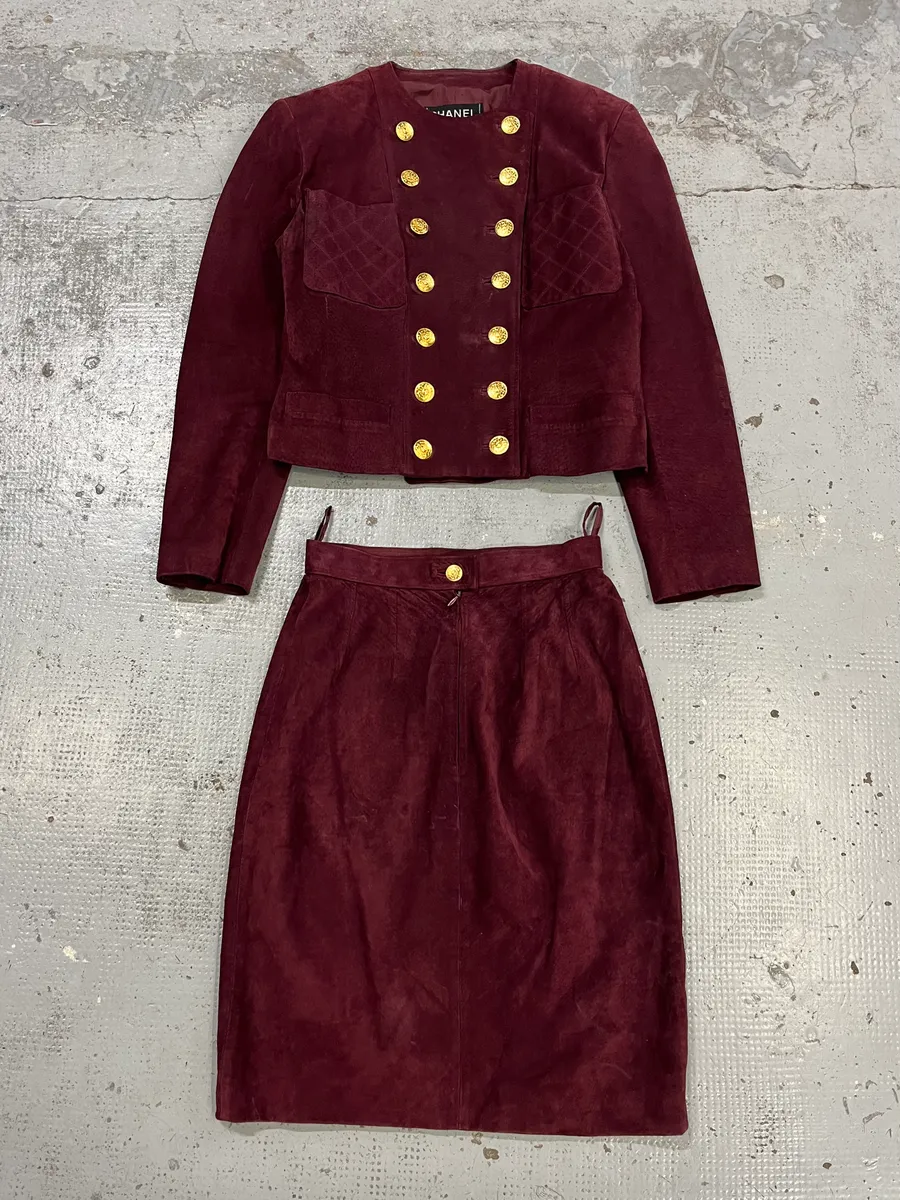 Chanel Double Breasted Bordeaux Suede Jacket & Skirt Set