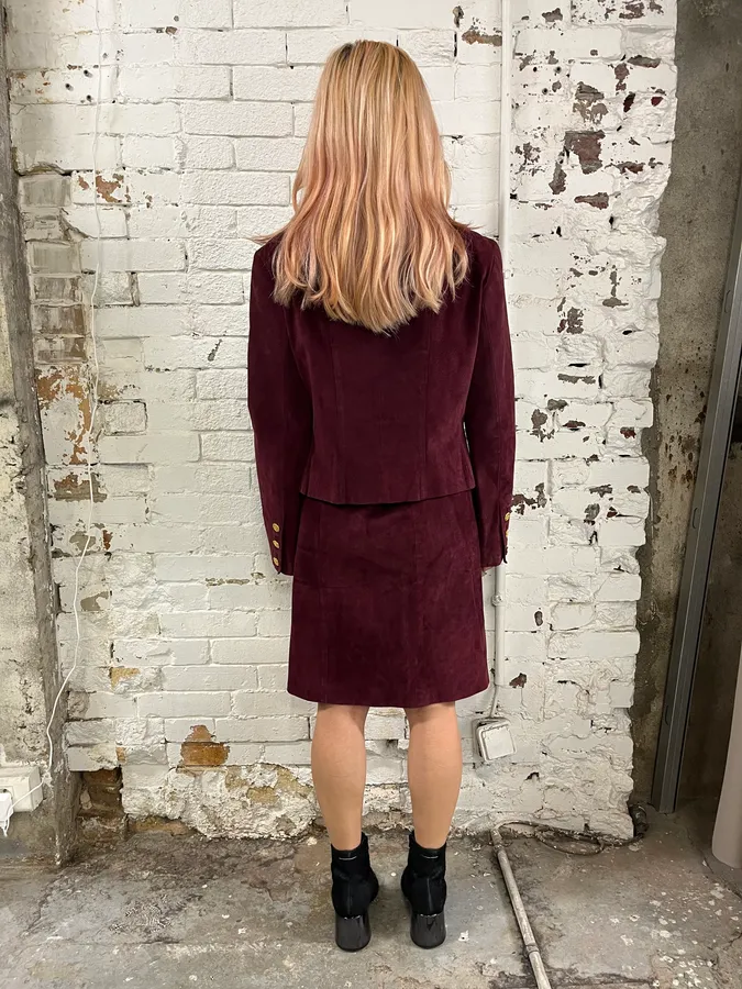 Chanel Double Breasted Bordeaux Suede Jacket & Skirt Set - Image 3