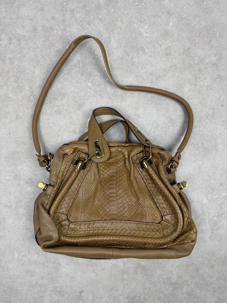 Chloe Python Leather Khaki Green Paraty Handle Bag