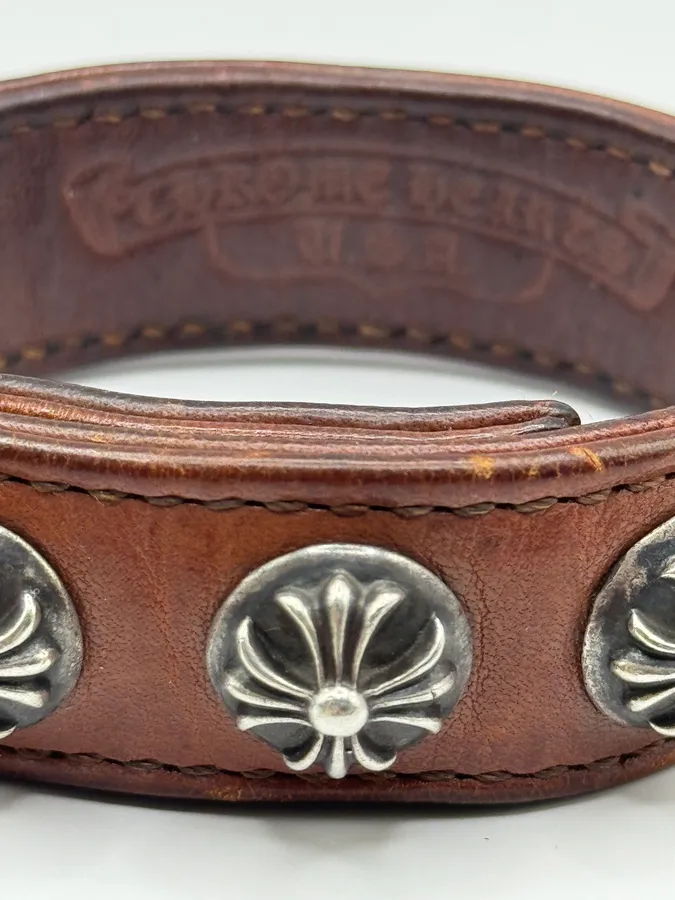 Chrome Hearts 3 Cross Silver Buttons 2 Snaps Brown Leather Bracelet - Image 6