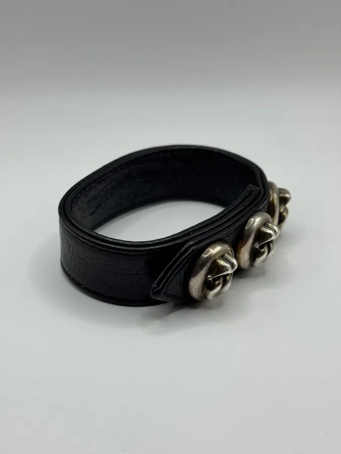 Chrome Hearts 3 Rolling Stones Silver Buttons 2 Snaps Black Leather Bracelet - Image 5