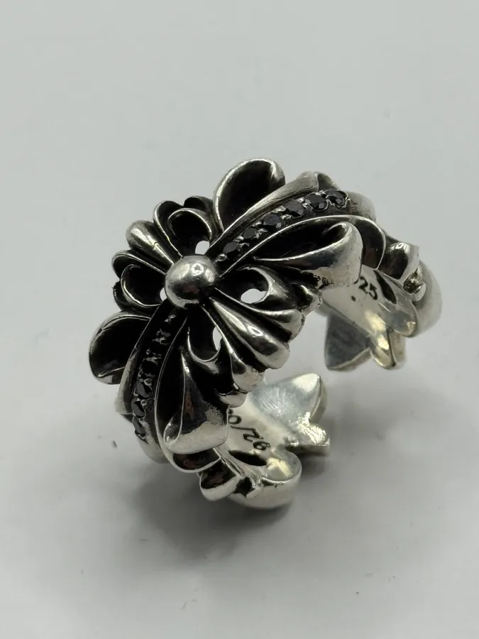 Chrome Hearts Pave Black Diamond Double Floral Silver 925 Ring - Image 13