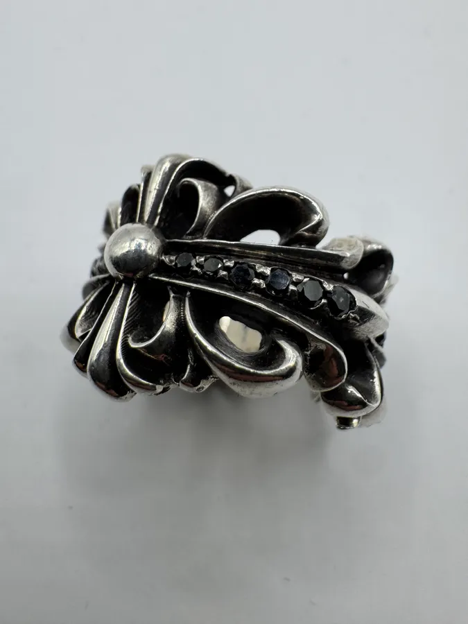 Chrome Hearts Pave Black Diamond Double Floral Silver 925 Ring - Image 2