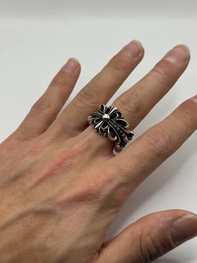 Chrome Hearts Pave Black Diamond Double Floral Silver 925 Ring - Image 3