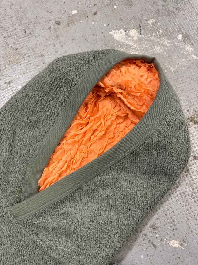 Craig Green Olive Ruched Silk Plushed Orange Lining Hoodie - Image 6