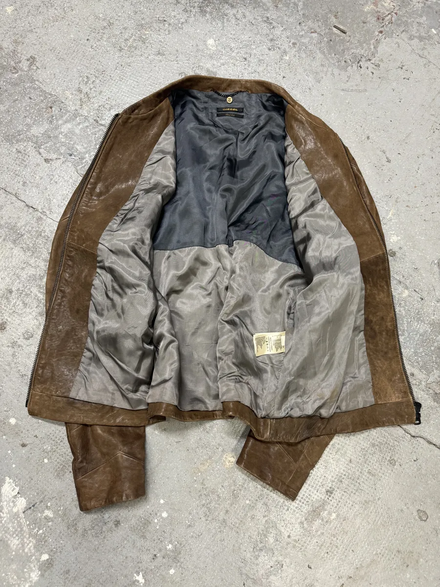 Diesel Black Gold Biker Structured Brown Leather Jacket - Image 3