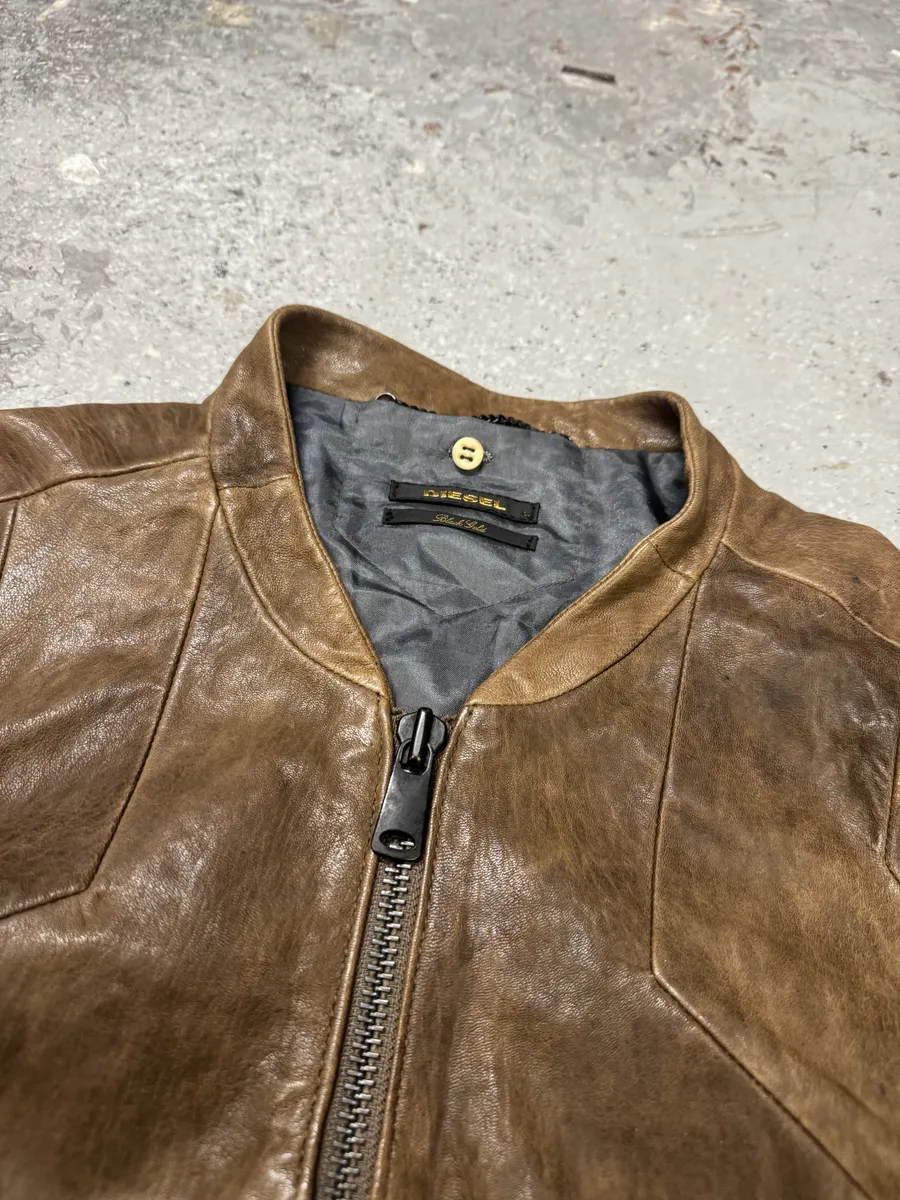 Diesel Black Gold Biker Structured Brown Leather Jacket - Image 9