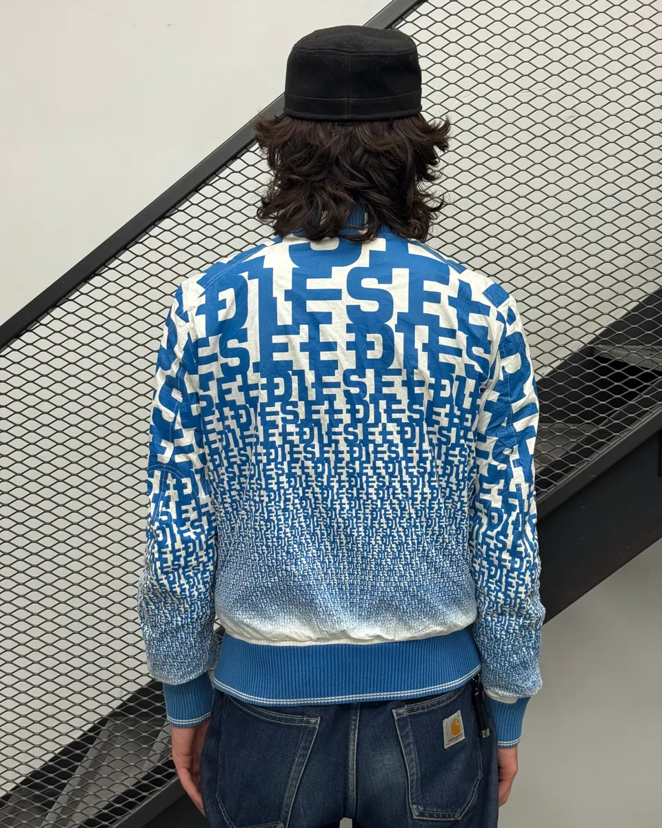 Diesel Blue All-Over Graphic White Bomber Jacket - Image 2