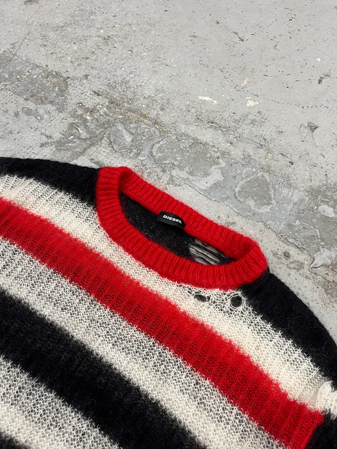 Diesel Distressed Striped Black Red & White Sweater - Image 5