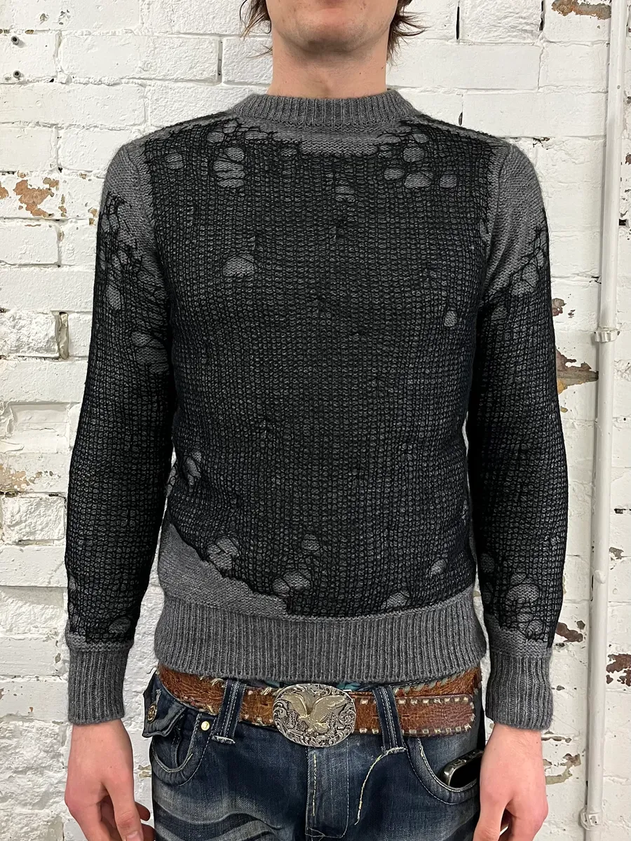 Diesel Grey & Black Distressed Spider Web Knit Sweater - Image 2