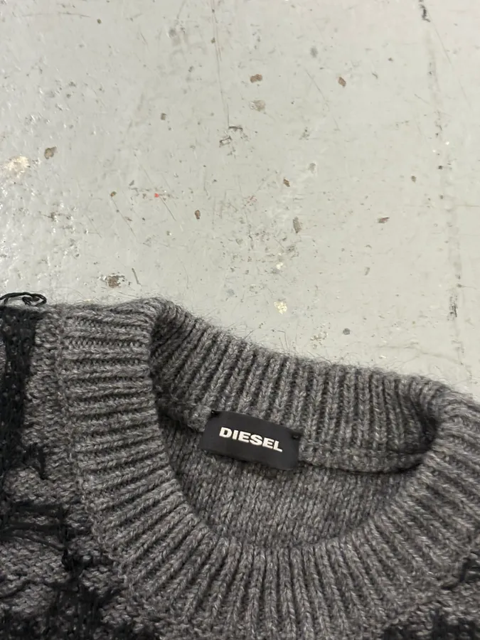 Diesel Grey & Black Spyder Web Wool Blend Distressed Sweater - Image 7