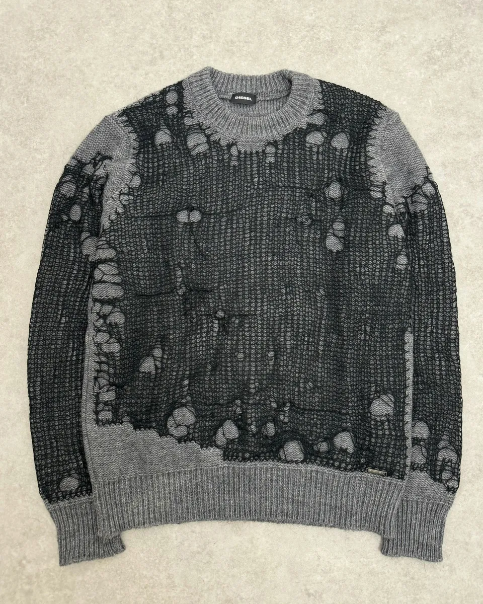 Diesel Spiderweb Distressed Grey & Black Sweater - Image 4