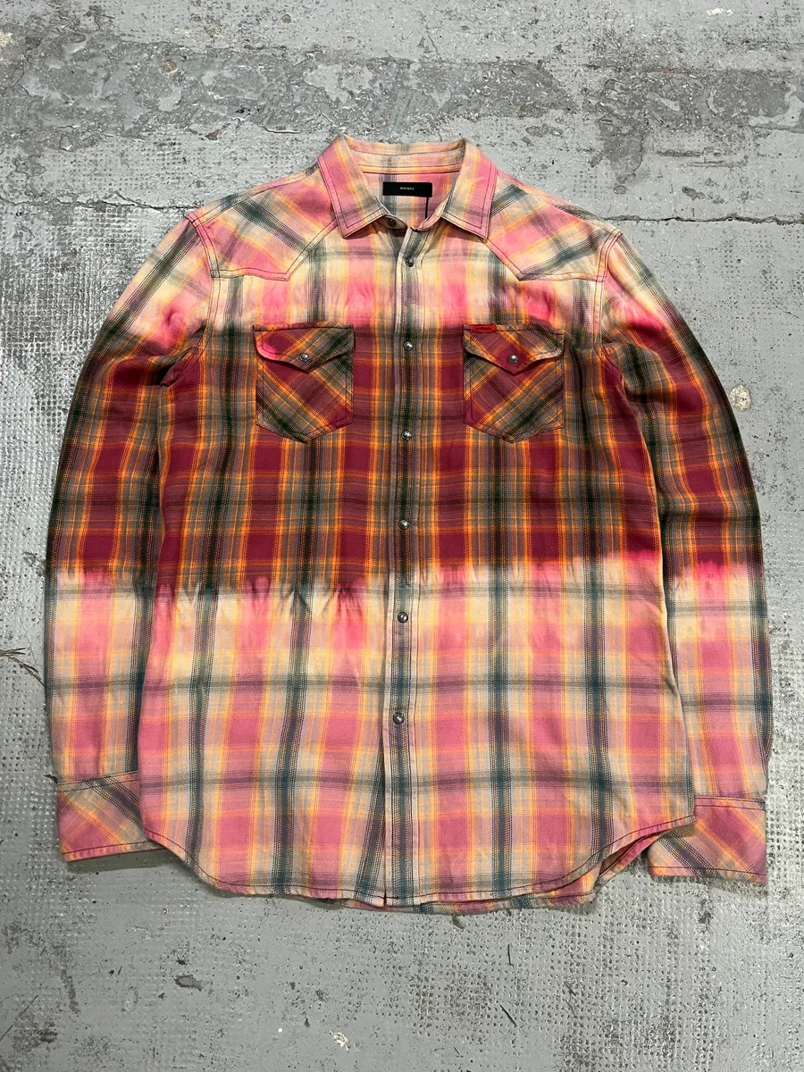 Diesel Summer Bleached Effect Western Checked Pink Shirt