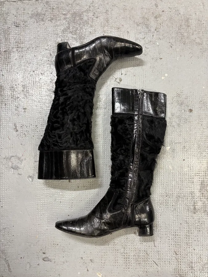 Dolce & Gabbana Black Leather Mid-Calf Fur-Trimmed Boots - Image 3