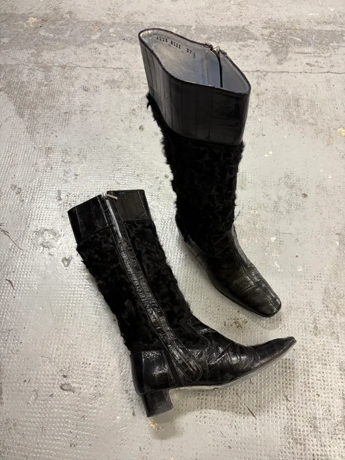 Dolce & Gabbana Black Leather Mid-Calf Fur-Trimmed Boots - Image 5